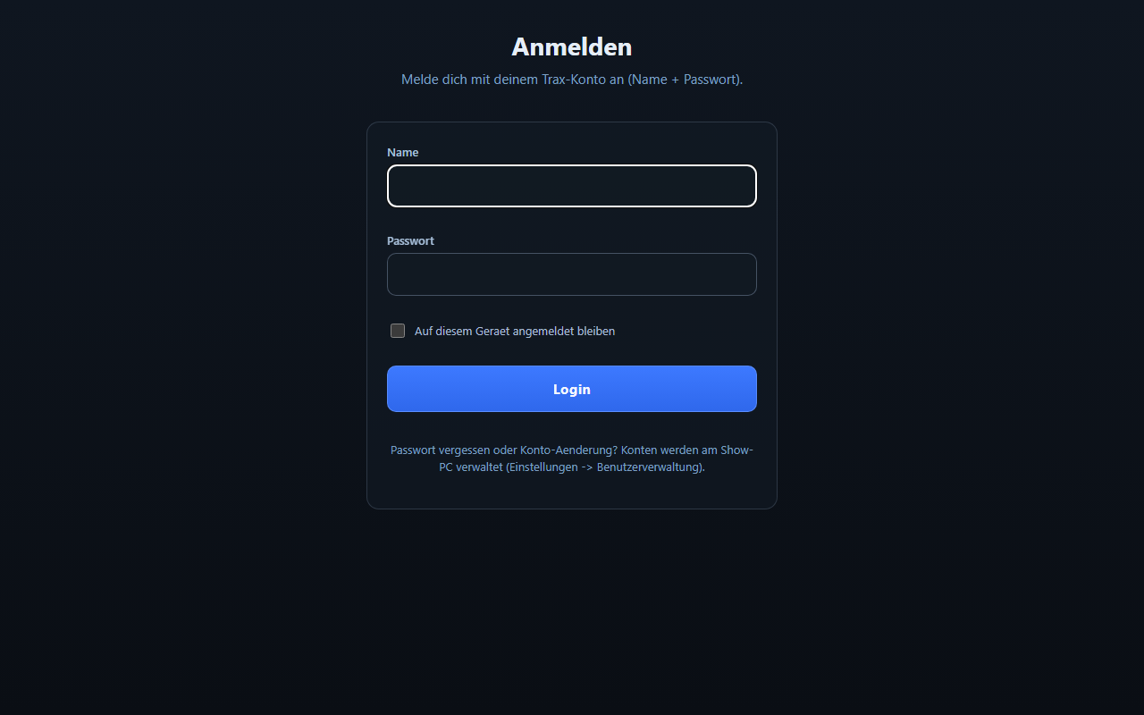 Login-Bildschirm von Trax mit Name- und Passwort-Feld