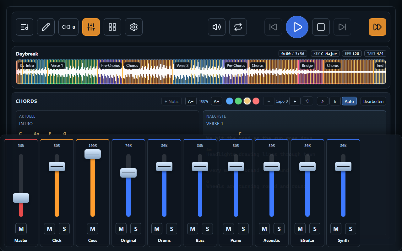 Mixer von Trax mit Kanalstreifen für Master, Click, Cues und die einzelnen Instrumenten-Spuren