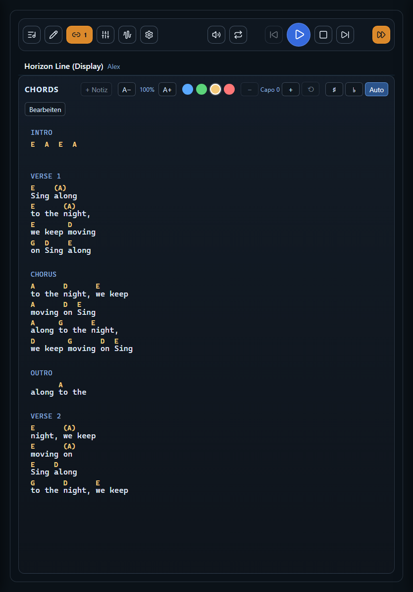 Digitales Songsheet von Trax auf einem Tablet im Hochformat: Songtext und Akkorde eines Songs